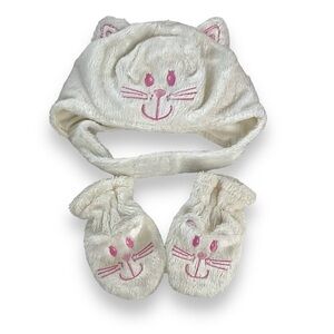 Baby Hat Mittens Set Girls Kids Toddler Cat Cream White Pink Faux Fur Plush Soft